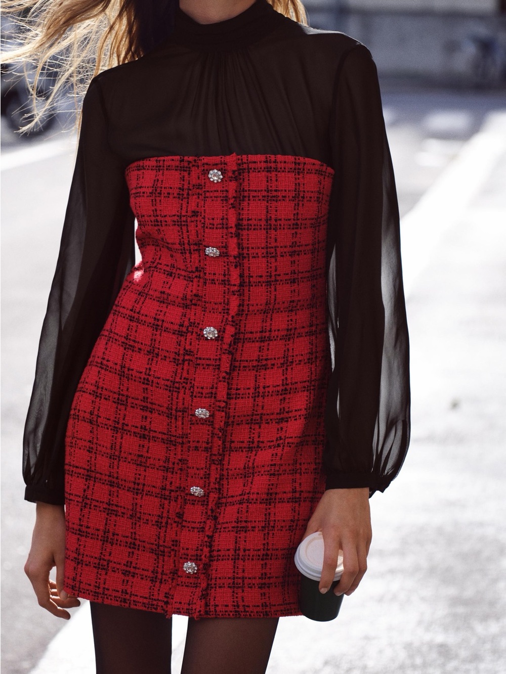 Zara Red Plaid Strapless Mini Dress with Sheer Black Long Sleeves